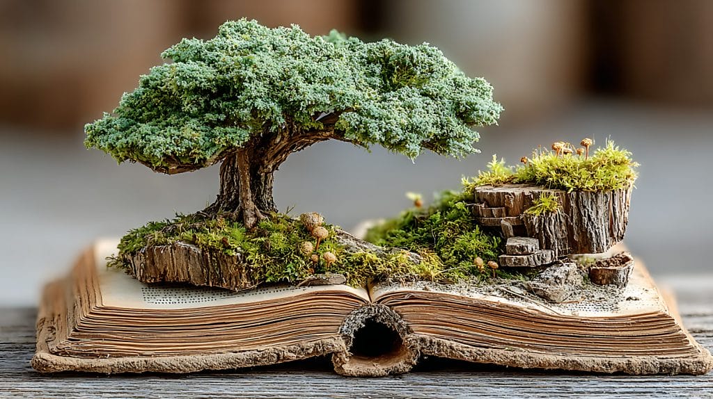 Small tree growing from the pages of an open book surrounded by moss.