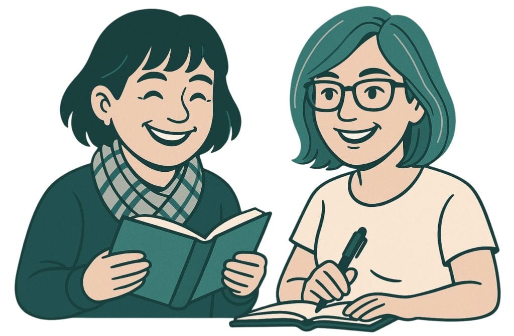 Cartoon illustration of the ChapterMint founders laughing and writing together