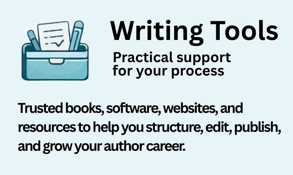 Picture of a container with paper and pens in it and text that says, "Writing Tools - Practical Support for your Process"